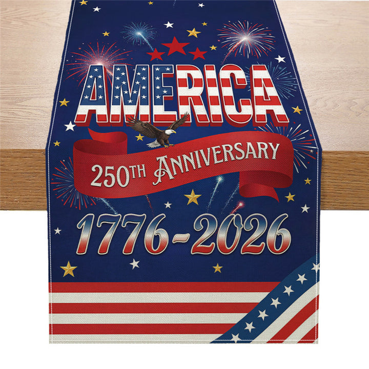 Patriotic Cotton-Linen Table Runner with Statue of Liberty and American Flag Print