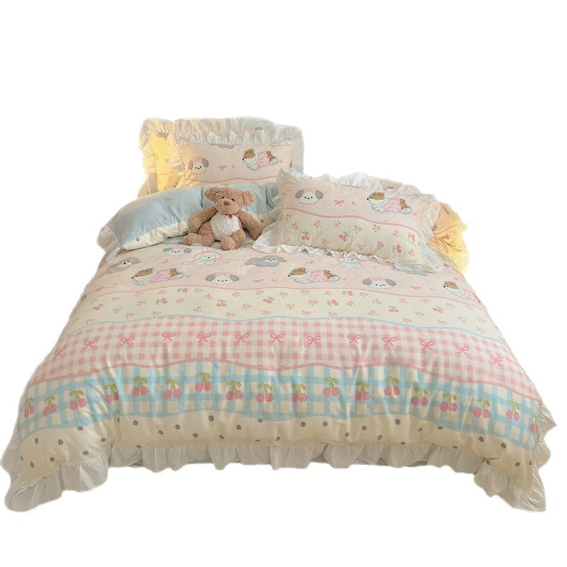 Frilled-Edge Pastel Storybook Print Cotton Duvet Cover and Sham Set