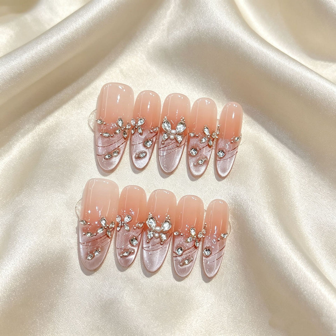 Decorative Press-On Nail Art Set with Rhinestone and Elegant Details