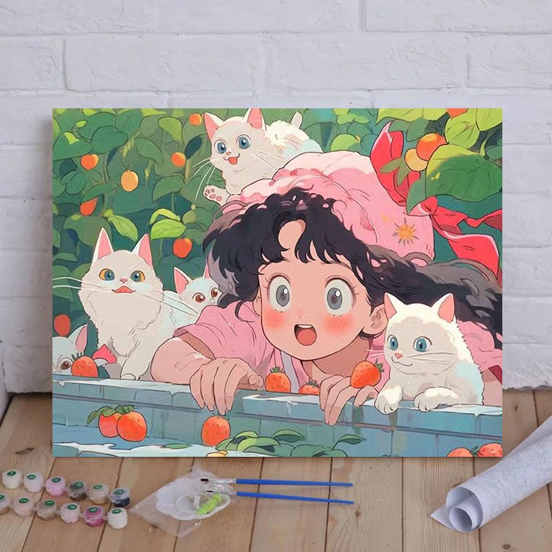 Cartoon Cat and Girl Themed Canvas Paint by Numbers Art Kit Stornfield