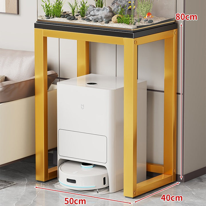 Gold Metal Aquarium Console Table with Faux Marble Top and Robot Vacuum Storage