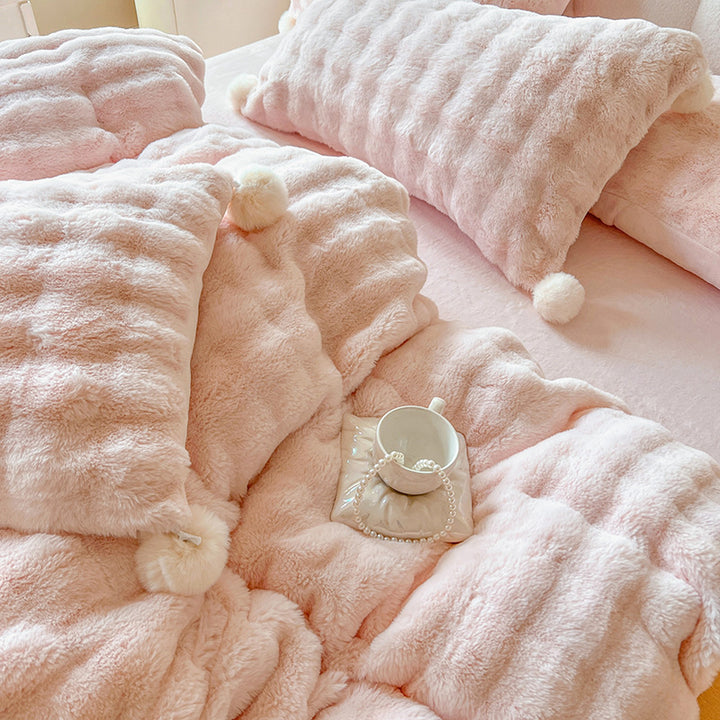 Plush Waffle-Texture Pom-Pom Duvet Cover Bedding Set