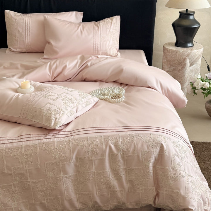Embroidered Patchwork Motif Duvet Cover Set with Triple Pintuck Pillow Shams