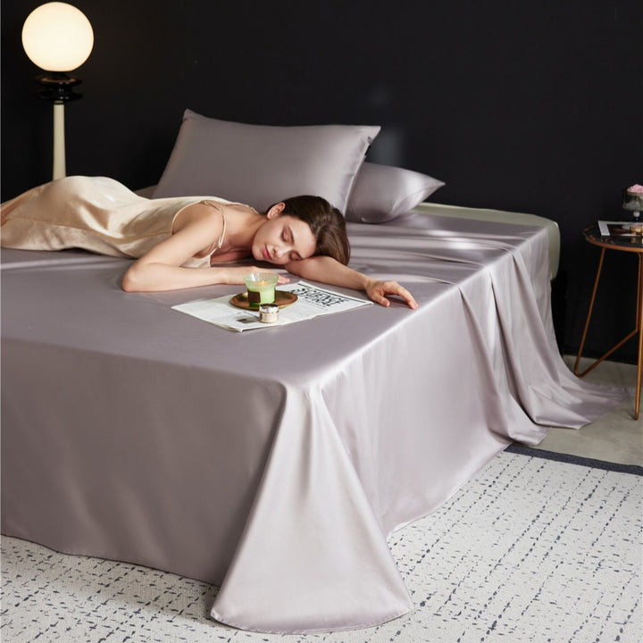 Silky Satin-Feel Long-Drop Flat Sheet and Pillowcase Set