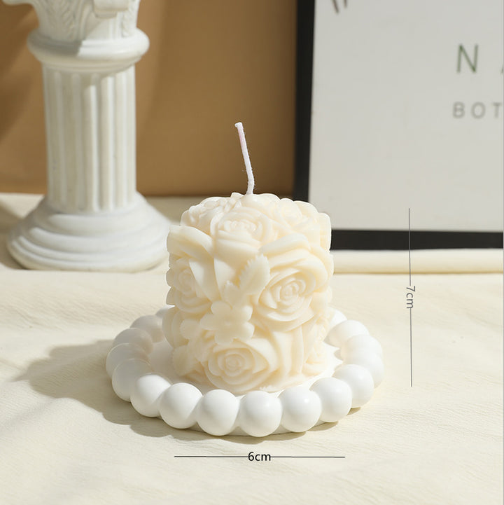 Decorative Rose-Shaped Soy Wax Candle with Beaded Tray
