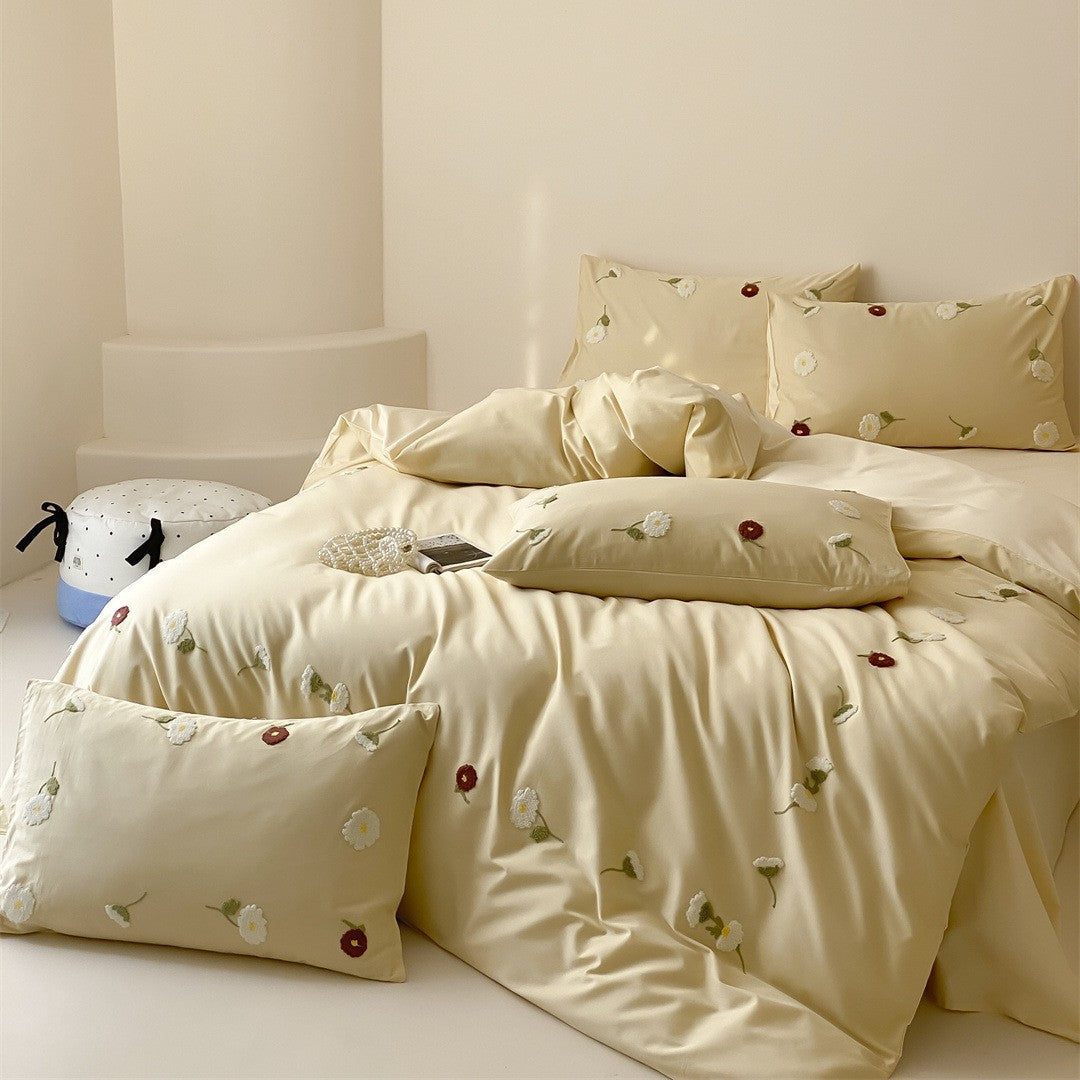 Embroidered Floral Cotton-Sateen Duvet Cover Ensemble with Reversible Satin Back & Oxford Shams