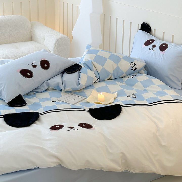 Children's bedding set with check pattern, embroidered panda face and three-dimensional ear appliqués