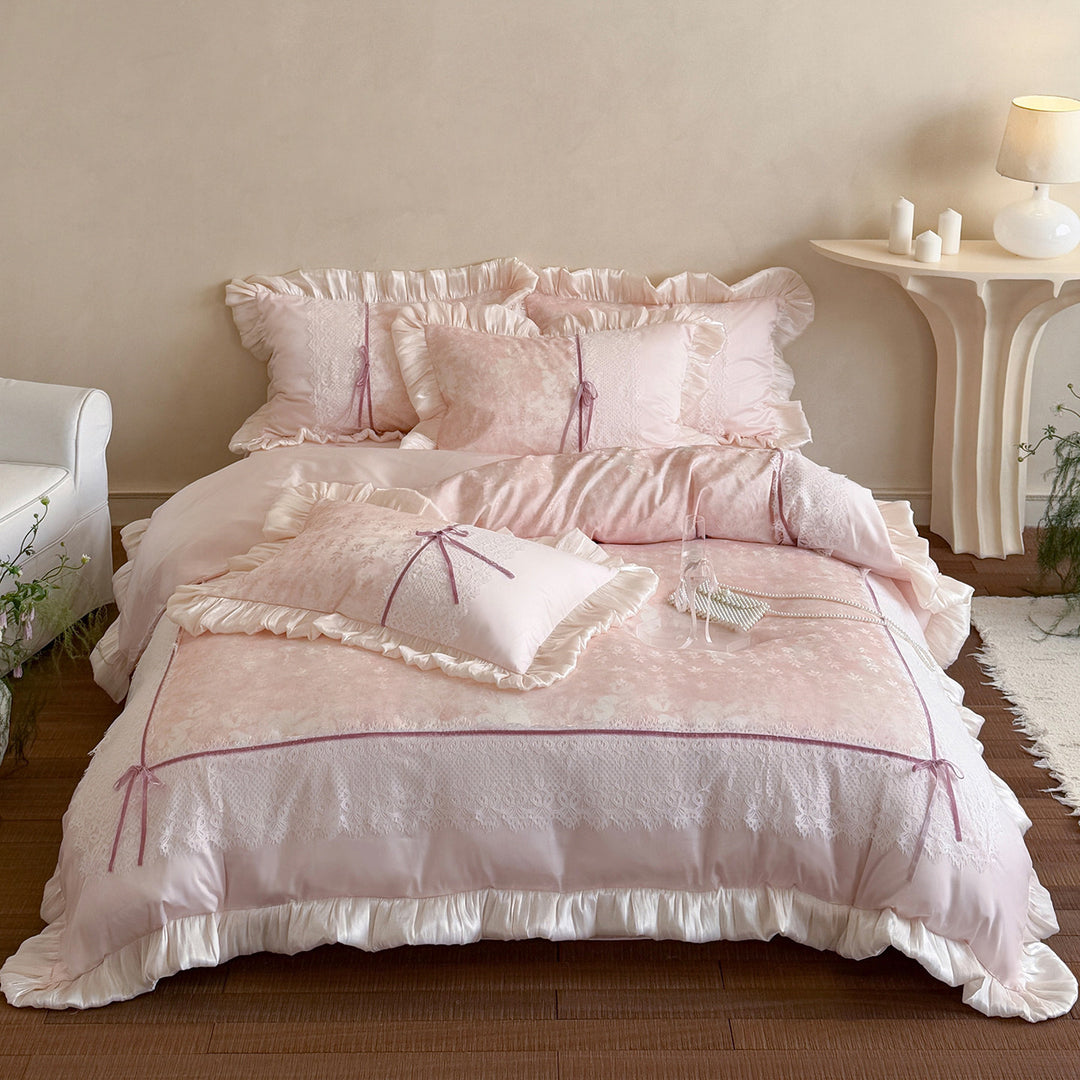 Ruffled Lace-Trim Cotton Sateen Duvet Cover Set with Bow-Tie Accents & Decorative Shams