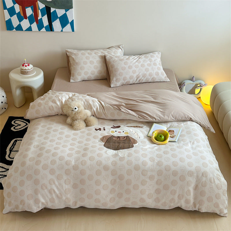 Cotton bed linen set with bunny appliqué and subtle dot jacquard