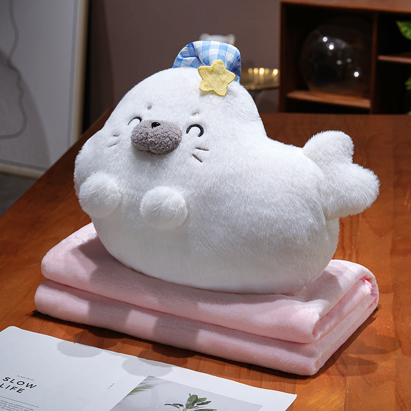 Soft Seal Plush Toy Cuddly Pillow with Portable Microfiber Blanket