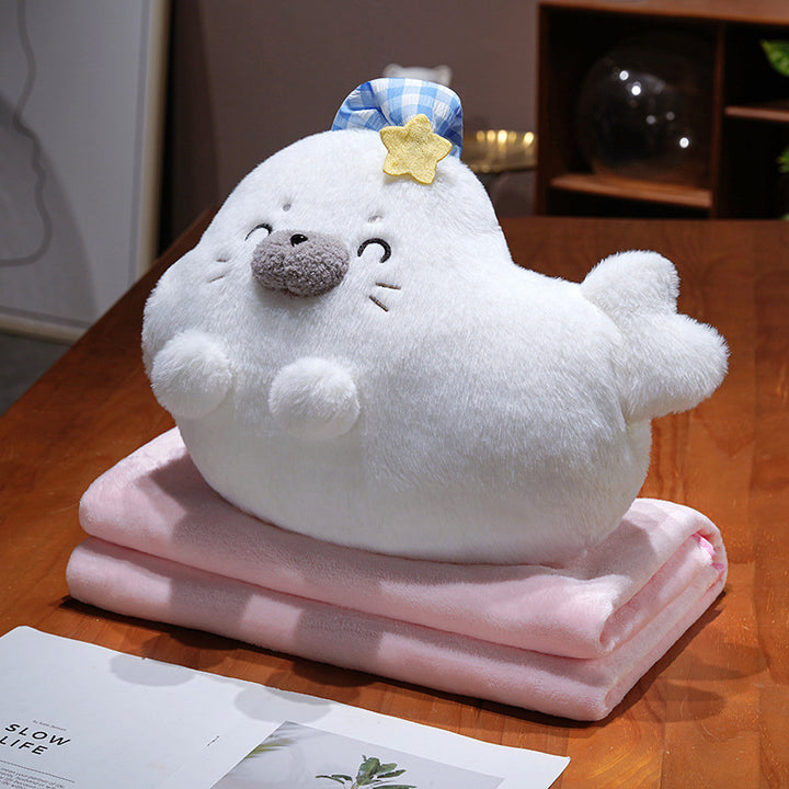Soft Seal Plush Toy Cuddly Pillow with Portable Microfiber Blanket