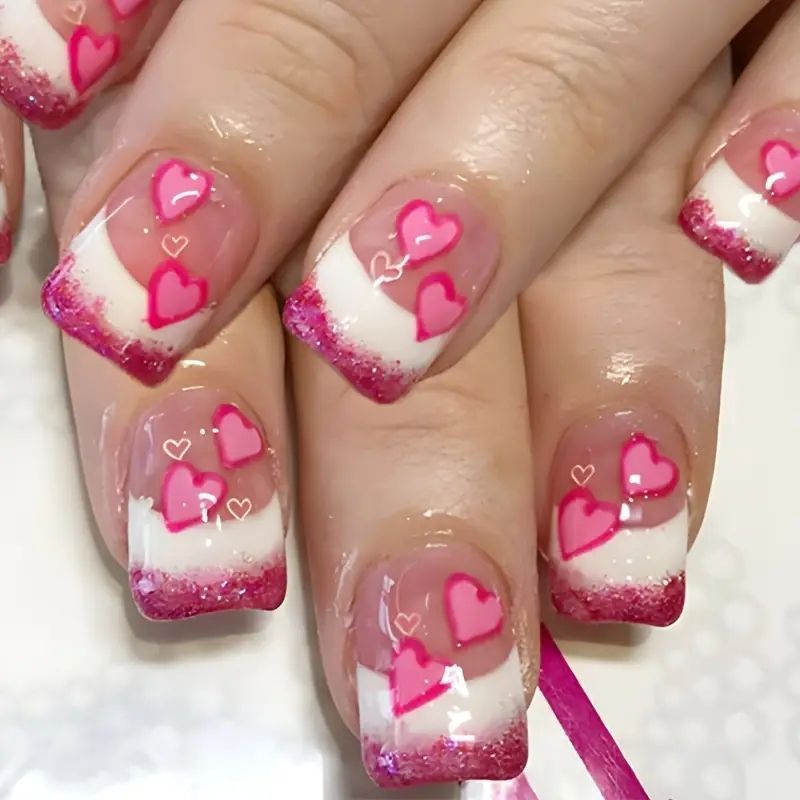 Heart-Embellished French Tip Nail Art Extensions Stornfield