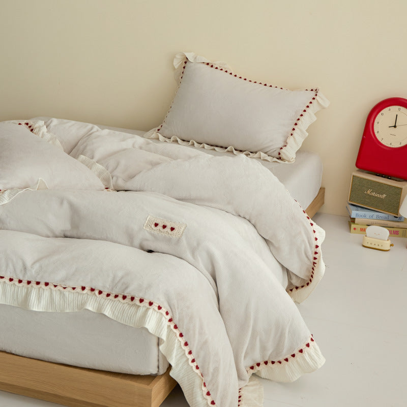 Plush Ruffled Pom-Pom Trim Duvet Cover Set