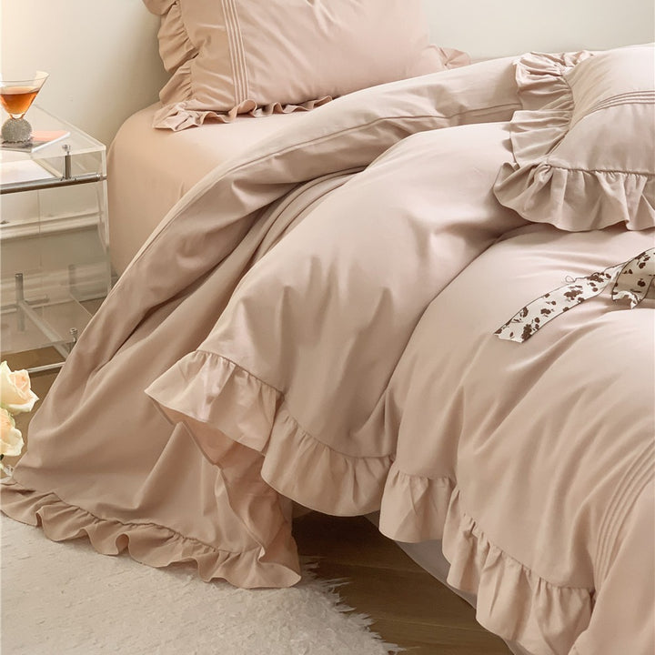 Ruffled Luxury Cotton Duvet Cover Set with Pintuck & Frilled Edges