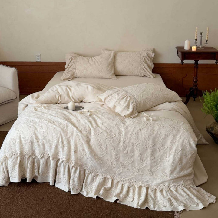 Embroidered Lace-Trim Ruffled Duvet Cover Set