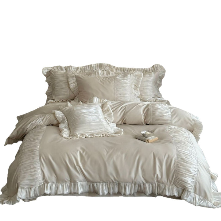 Romantic satin bedding set with ruffles and pleated inserts