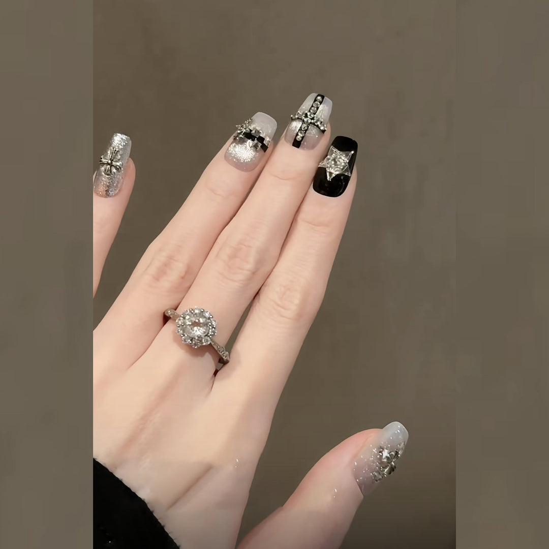 Artistic Press-On Nail Art Set with Gemstone Accents Stornfield