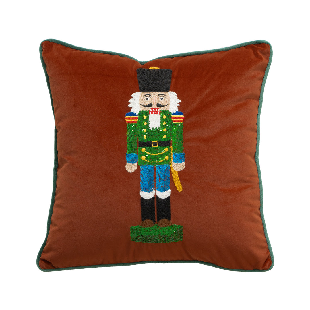 Christmas decorative pillow with nutcracker embroidery and piping edge