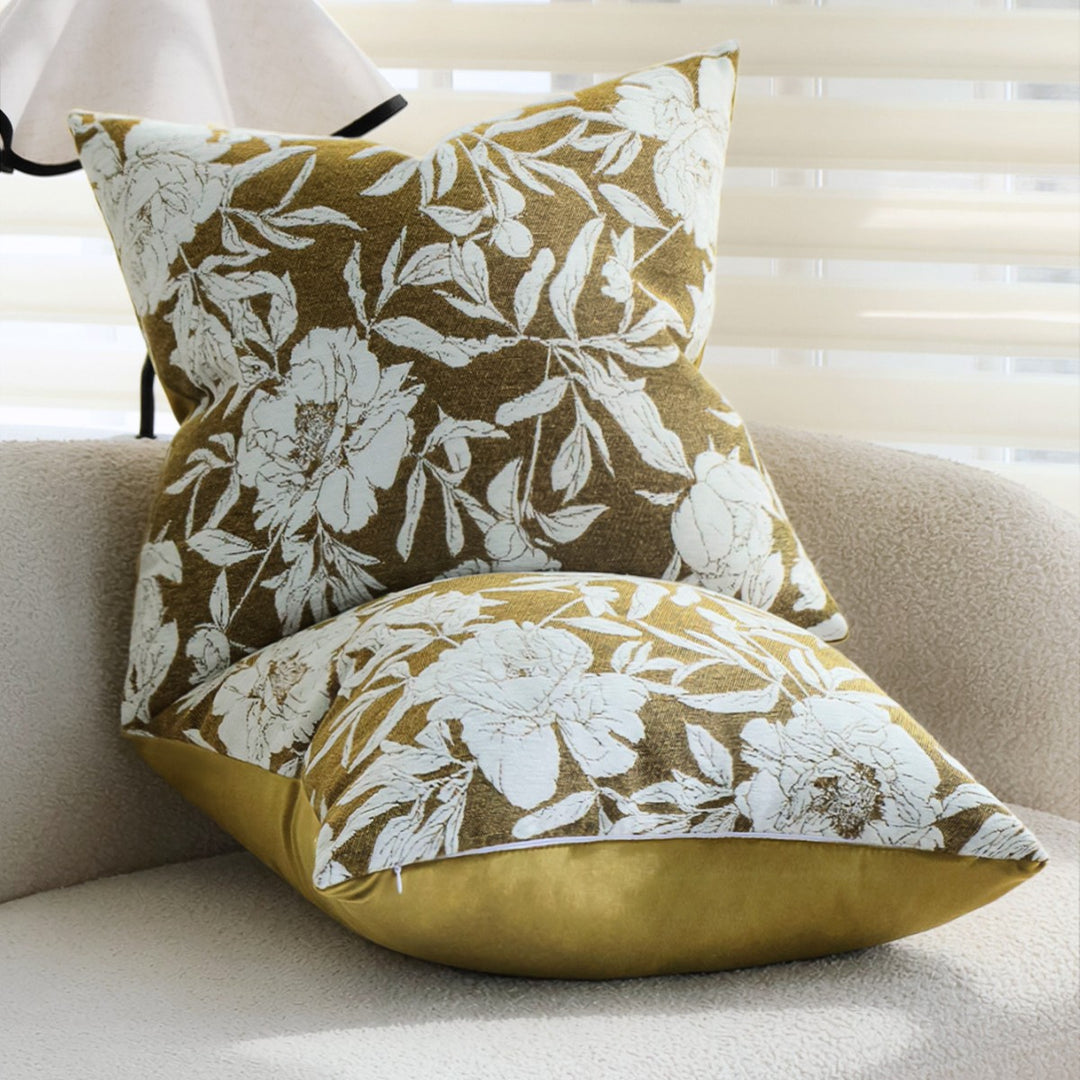 Square Decorative Pillow Cover with Large Floral Jacquard and Velvety Back Stornfield