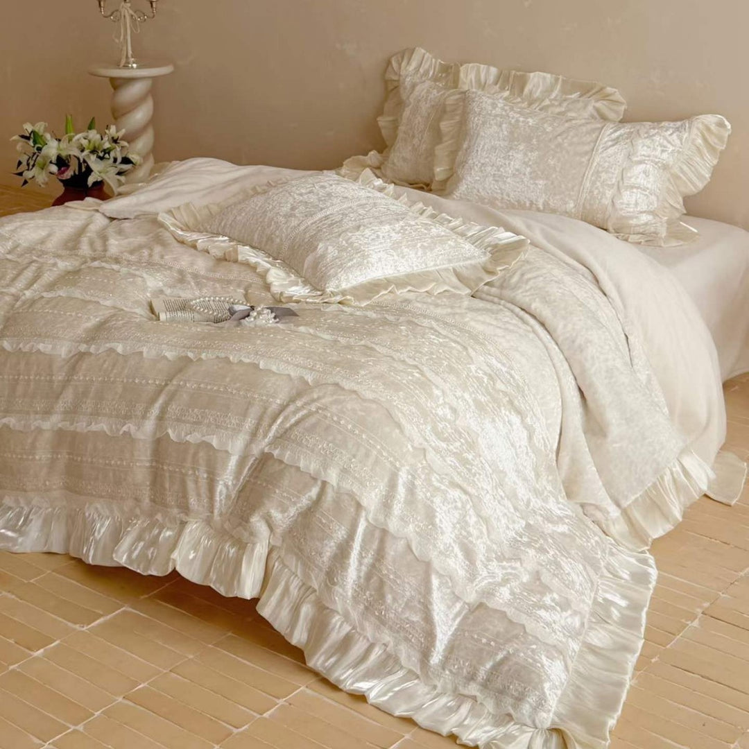 Ruffled Velvet Jacquard Duvet Cover and Pillow Sham Set with Satin Trim