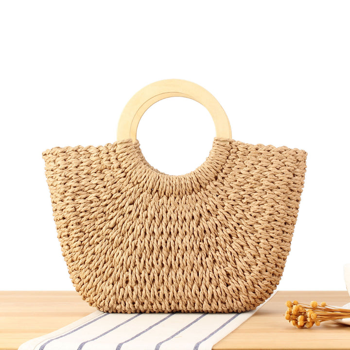 Braided raffia bag with round wooden handles Stornfield
