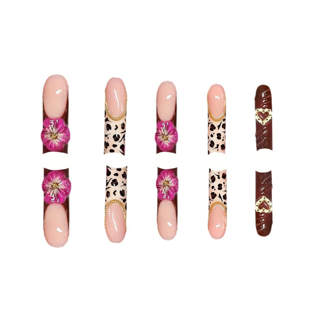 Decorative Long Acrylic Press-On Nail Art with Floral and Leopard Designs Stornfield