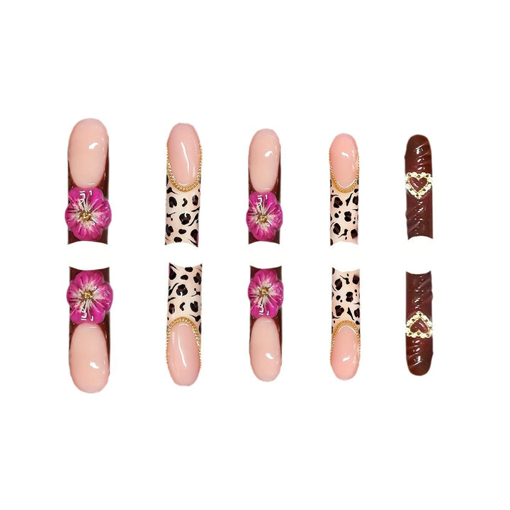 Decorative Long Acrylic Press-On Nail Art with Floral and Leopard Designs Stornfield