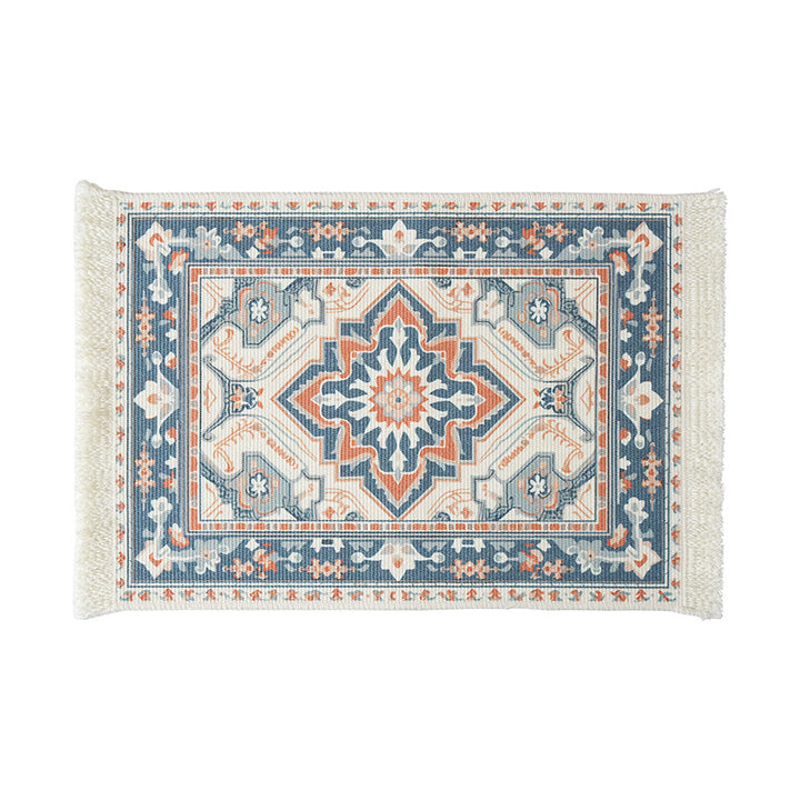 Short-pile decorative bathroom and runner carpet in oriental medallion style with fringes Stornfield