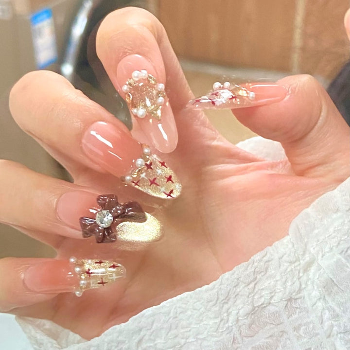 Decorative Bow and Gemstone Press-On Nails Stornfield