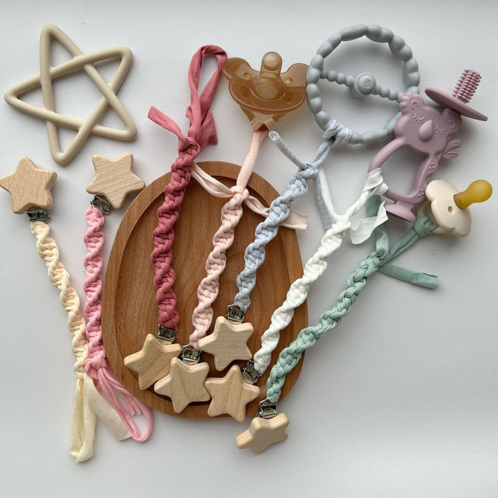 Braided Cotton Pacifier and Teether Clip with Wooden Star Clamp