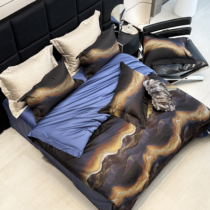 Premium Abstract Wave-Print Cotton Sateen Duvet Cover Bedding Set with Reversible Solid Back