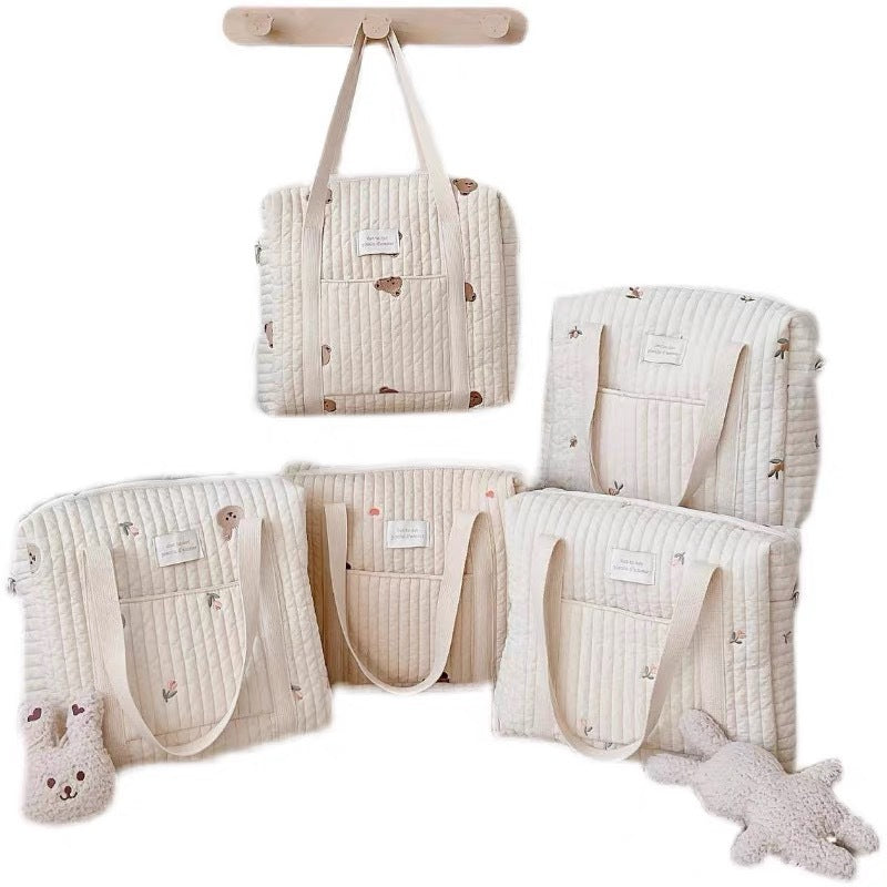 Quilted Baby Diaper Backpack Bag with Embroidered Plush Bear Accents