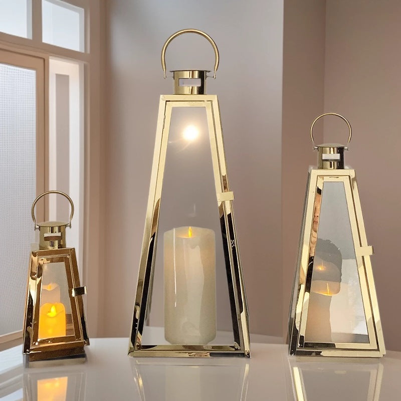 Modern Triangular Glass Candle Lantern Set with Gold Metal Frame Stornfield