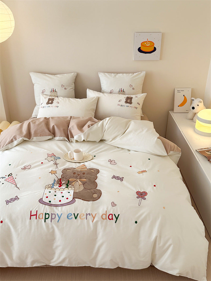 Cotton satin bedding set with delicate cherry embroidery and reversible function