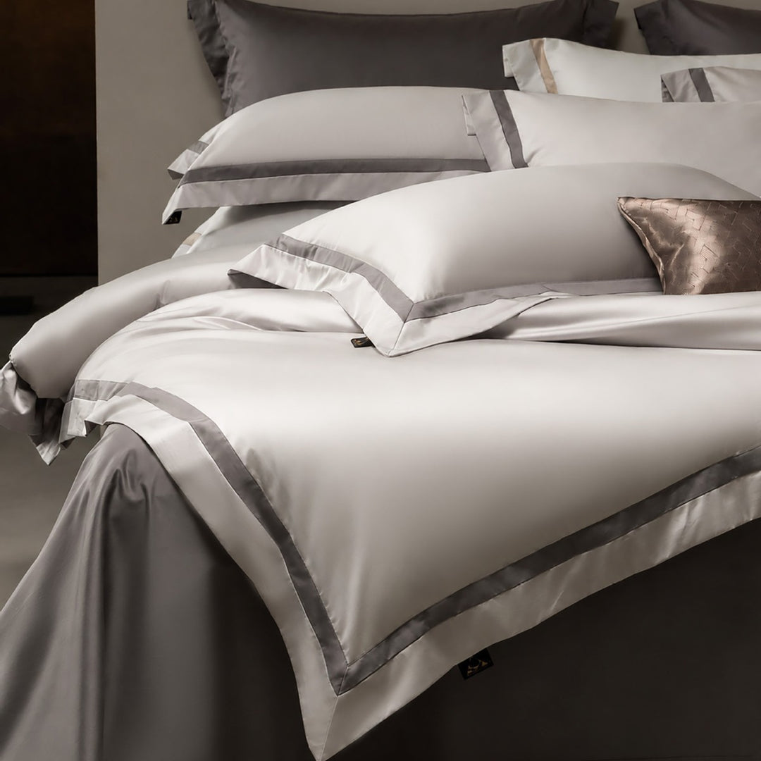 Luxury Two-Tone Cotton Sateen Duvet Cover Set with Double-Trim Border and Euro Shams