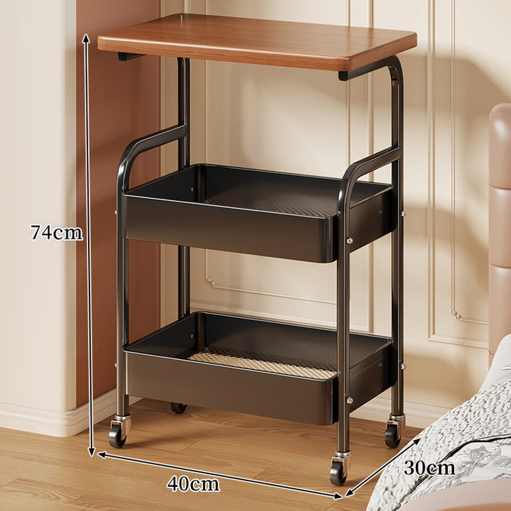 Mobile Wooden-Top Bedside Cart with Metal Frame and Lower Storage Tray