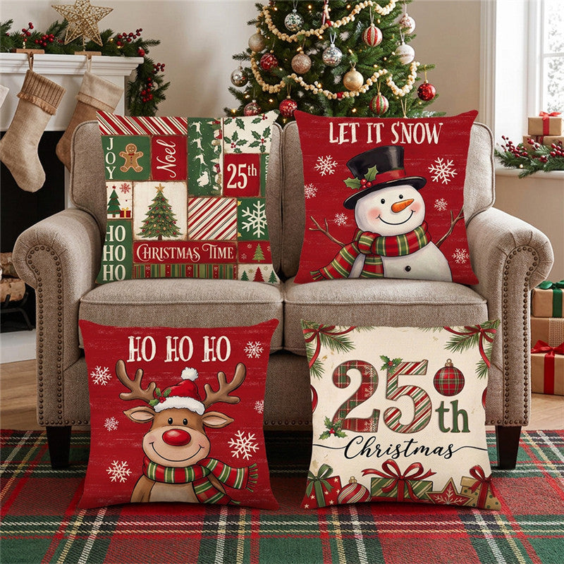 Festive Cotton-Linen Square Throw Pillow Cover with Holiday Plaid Numeral Graphic and Hidden Zipper