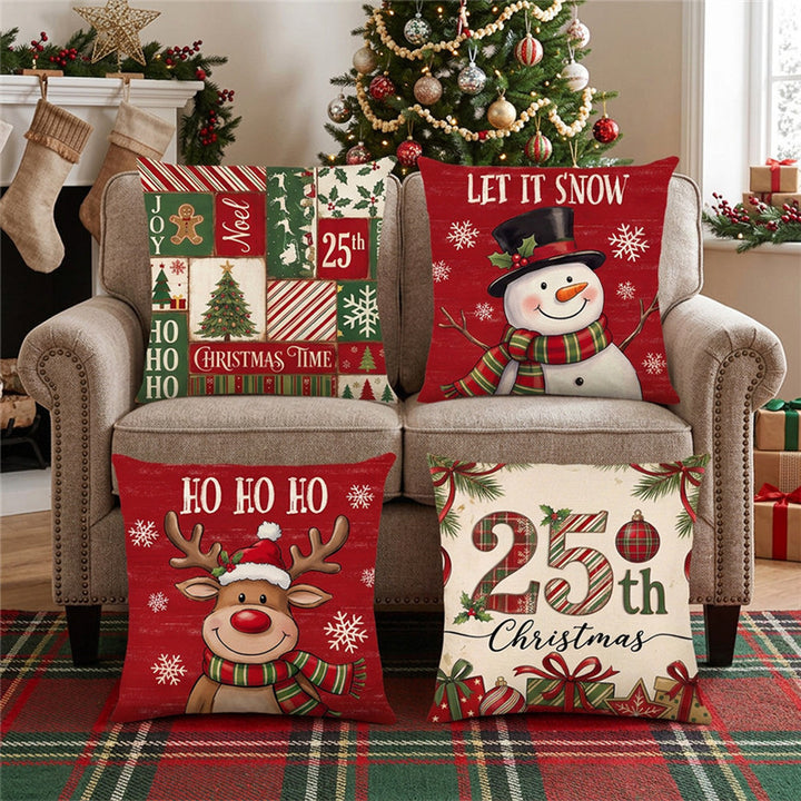 Festive Cotton-Linen Square Throw Pillow Cover with Holiday Plaid Numeral Graphic and Hidden Zipper