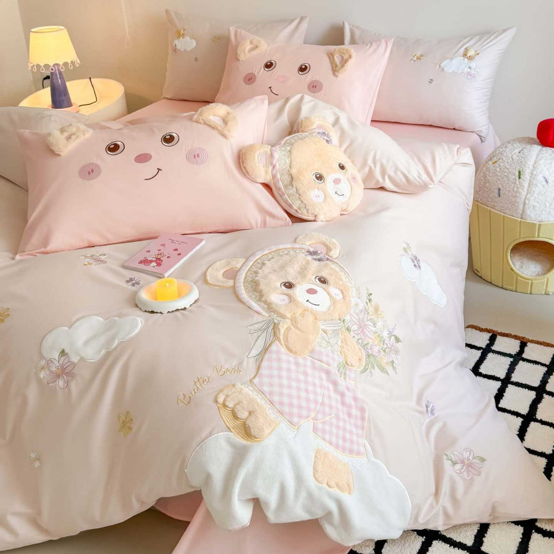 Teddy Appliqué Cotton Sateen Duvet Cover Set with Plush Ear Pillowcases
