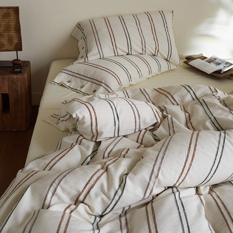 Breathable Washed Linen-Blend Striped Duvet Cover Set with Envelope Pillow Shams