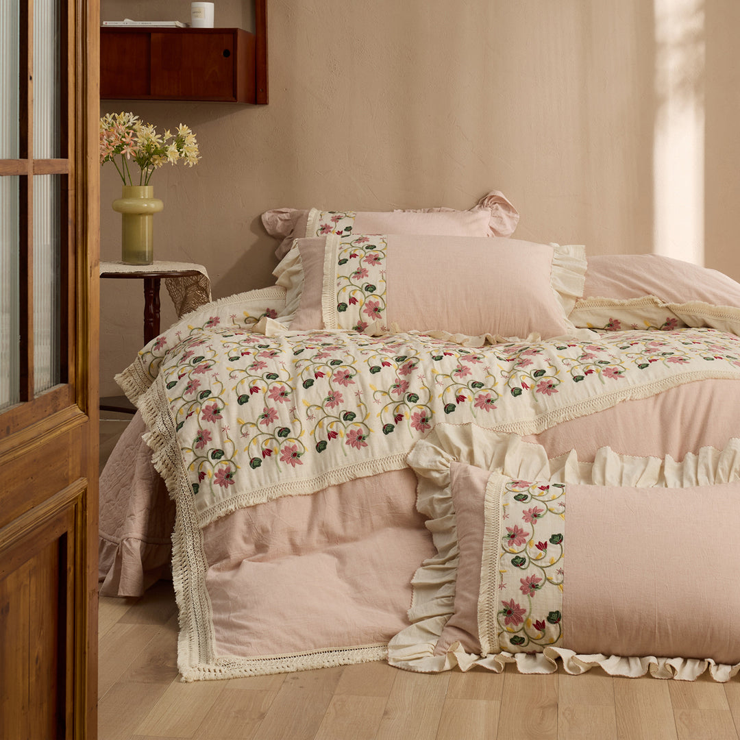 Ruffled Embroidered Floral Cotton Duvet Cover Set with Lace Trim & Decorative Shams