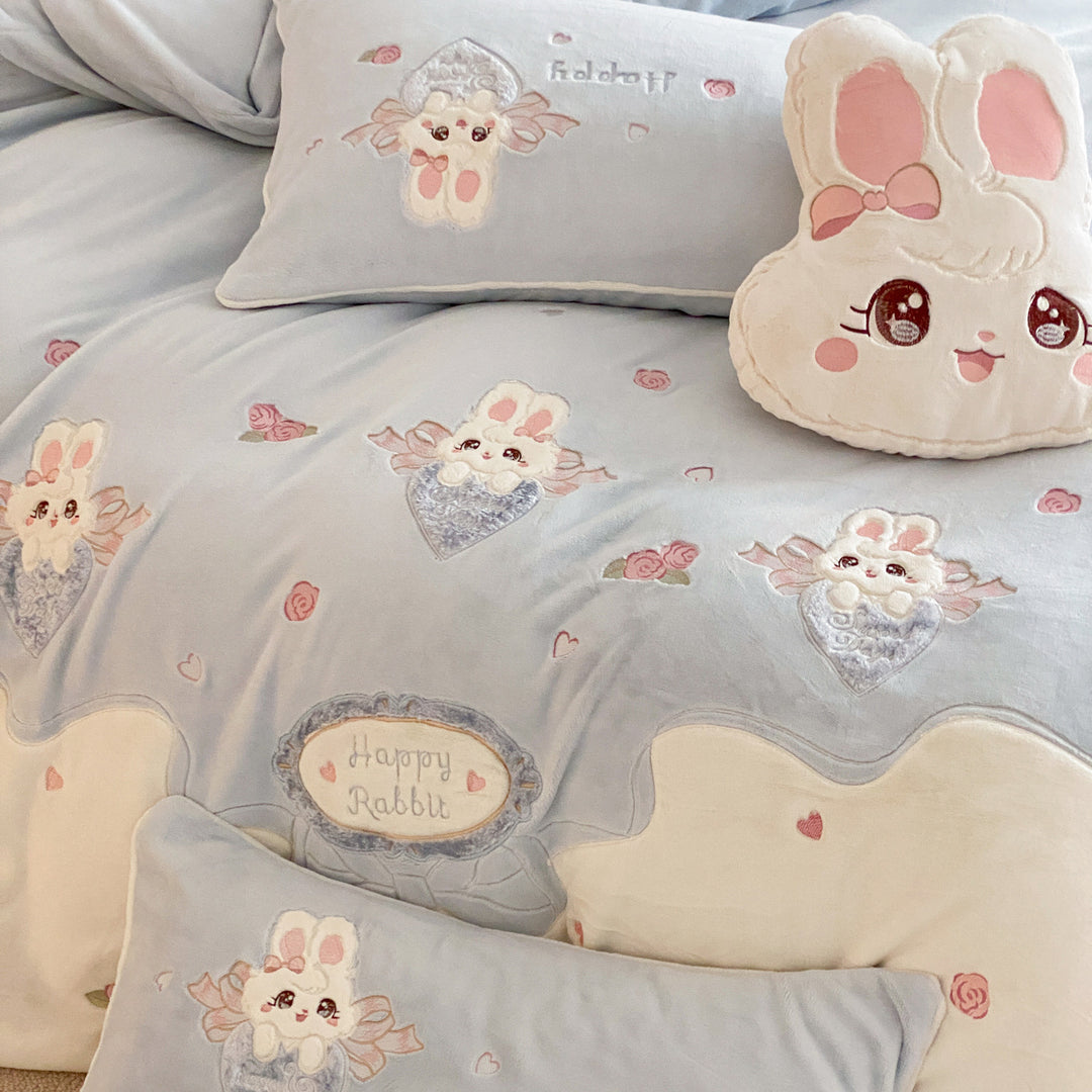 Embroidered Bunny Cotton-Sateen Duvet Cover Set with Plush Bunny Pillow and Ruffled Edge