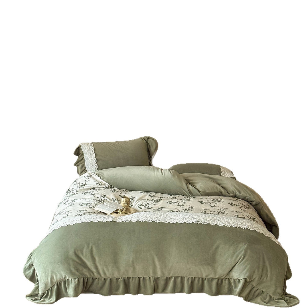 Elegant bedding set made of washed cotton satin with floral center panel and ruffle