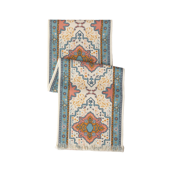Woven table runner made of cotton blend with oriental medallion pattern and fringes Stornfield