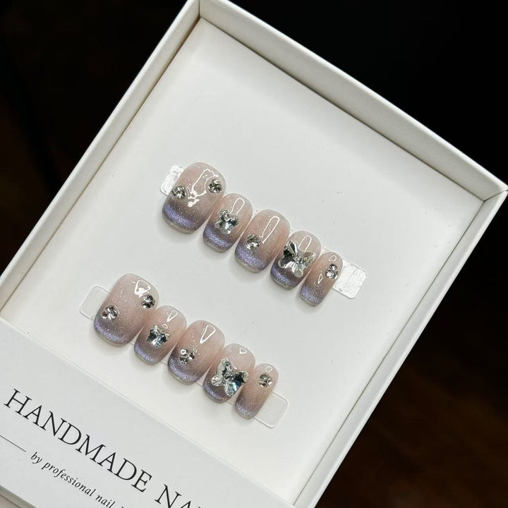 Handmade Decorative Press-On Nail Art Set with Gem and Butterfly Accents