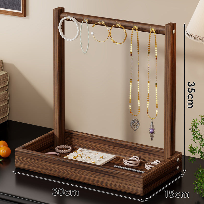 Wooden Jewelry Display and Tray Organizer with Hanging Bar and Ring Slots