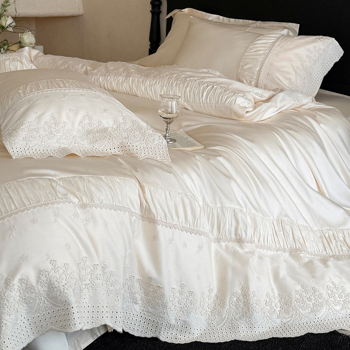 Satin-Blend Ruffle and Lace Embroidered Duvet Cover Bedding Ensemble
