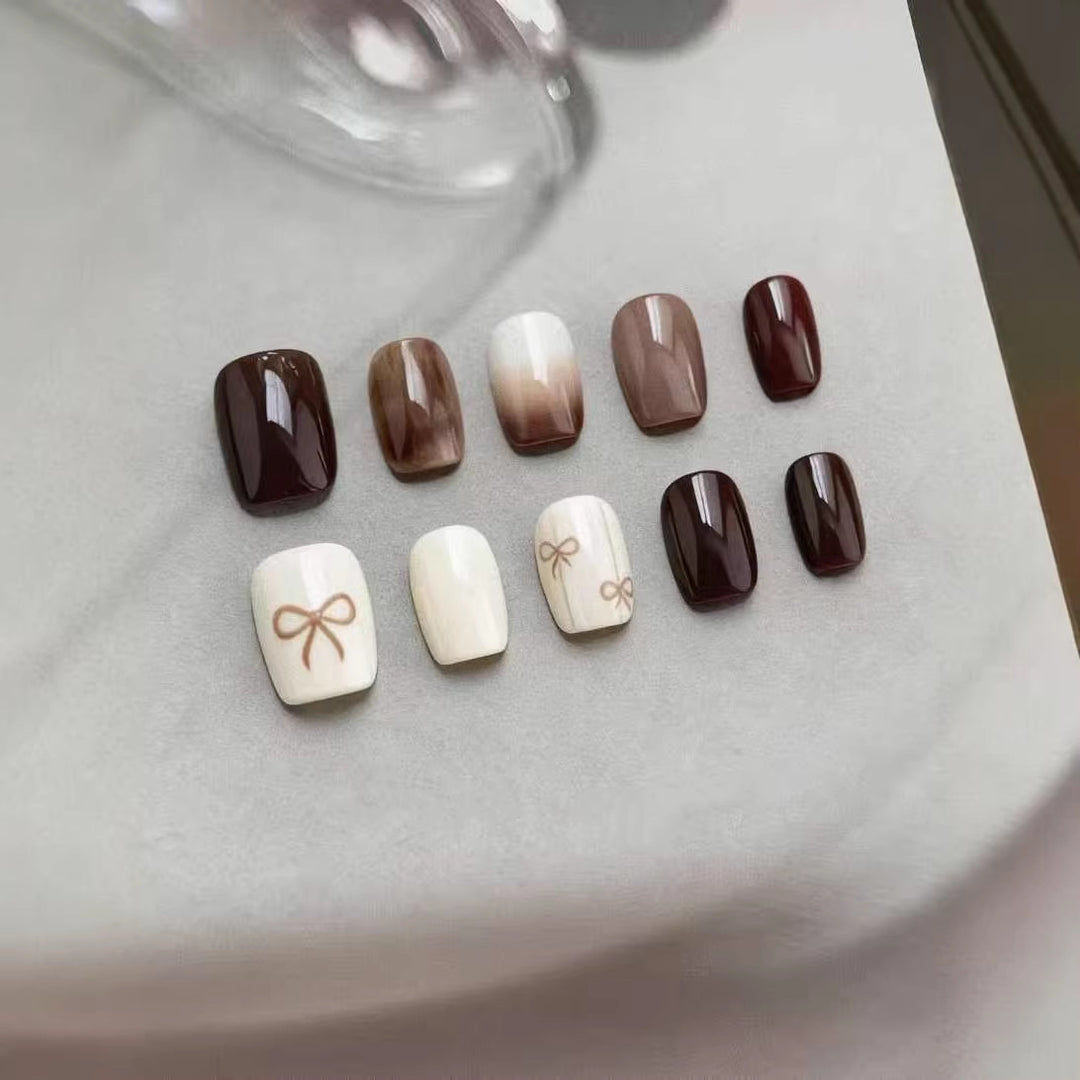 Stylish Glossy Press-On Nail Set with Bow Designs