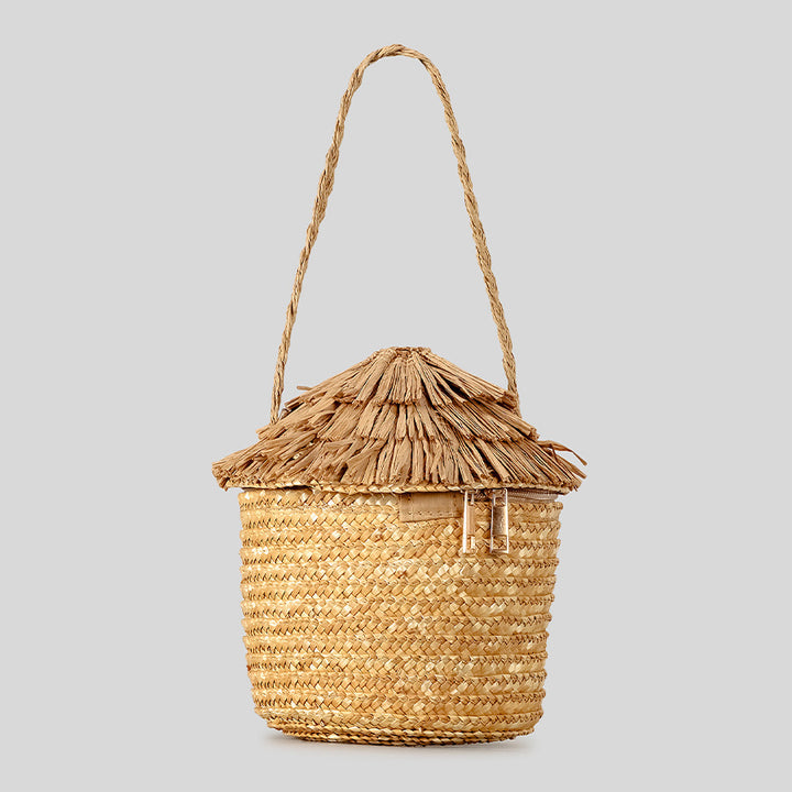 Rustic House-Shaped Straw Handbag