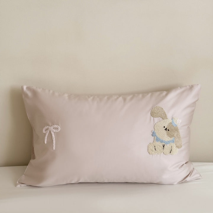 Children's Cotton Sateen Pillowcase with Embroidered Bunny Appliqué & Decorative Bow